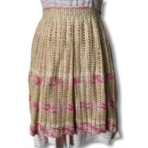 VTG Handmade Crochet Open Weave Half Apron Ivory Cream Pink Ombre Tie Waist